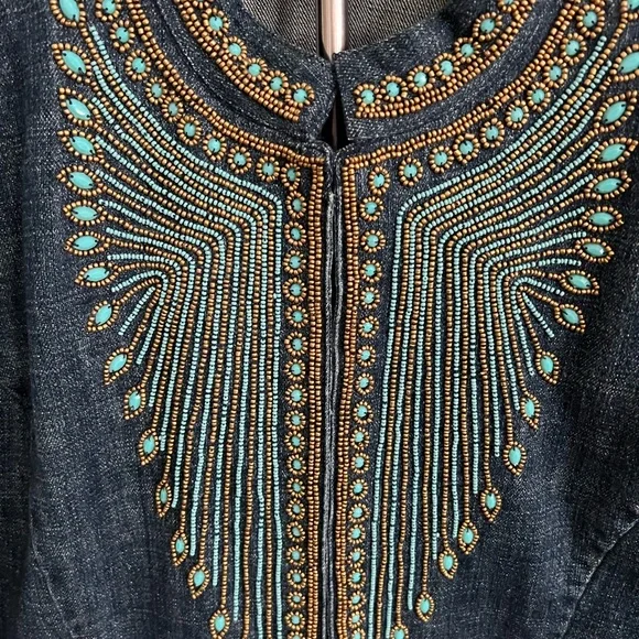Chico's Blue Denim Jean Jacket with detailed beading design -turquoise and gold - Picture 3 of 7